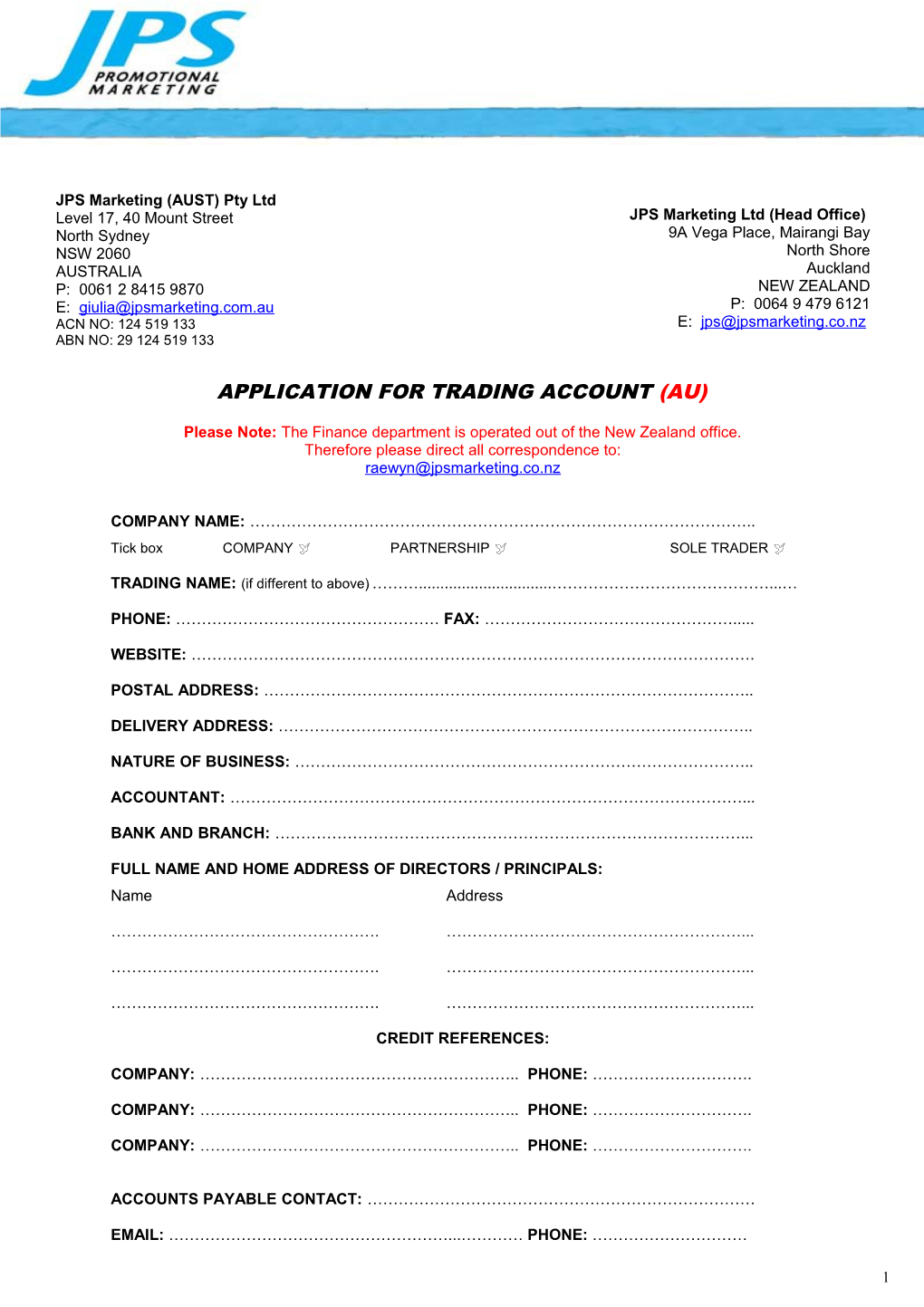 Application for Trading Account