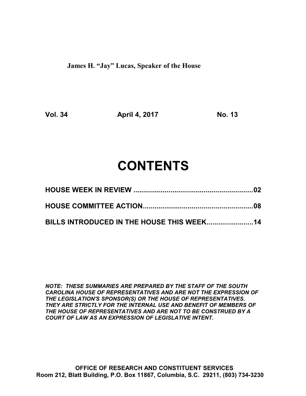 Legislative Update - Vol. 34 No. 13 April 4, 2017 - South Carolina Legislature Online