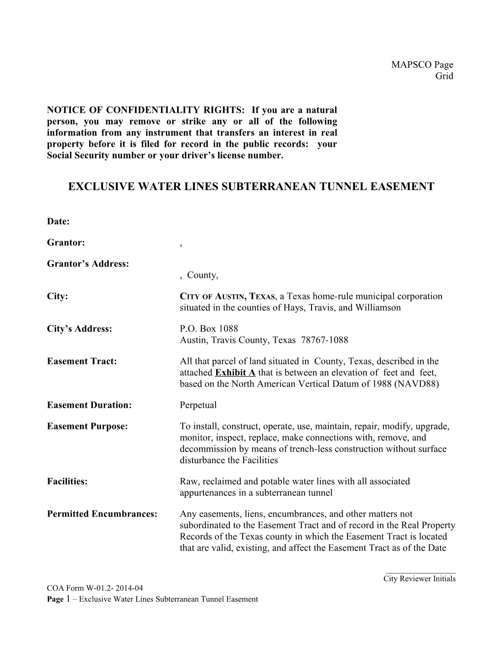 W-01.2 - Exclusive Water Lines Subterranean Tunnel Easement