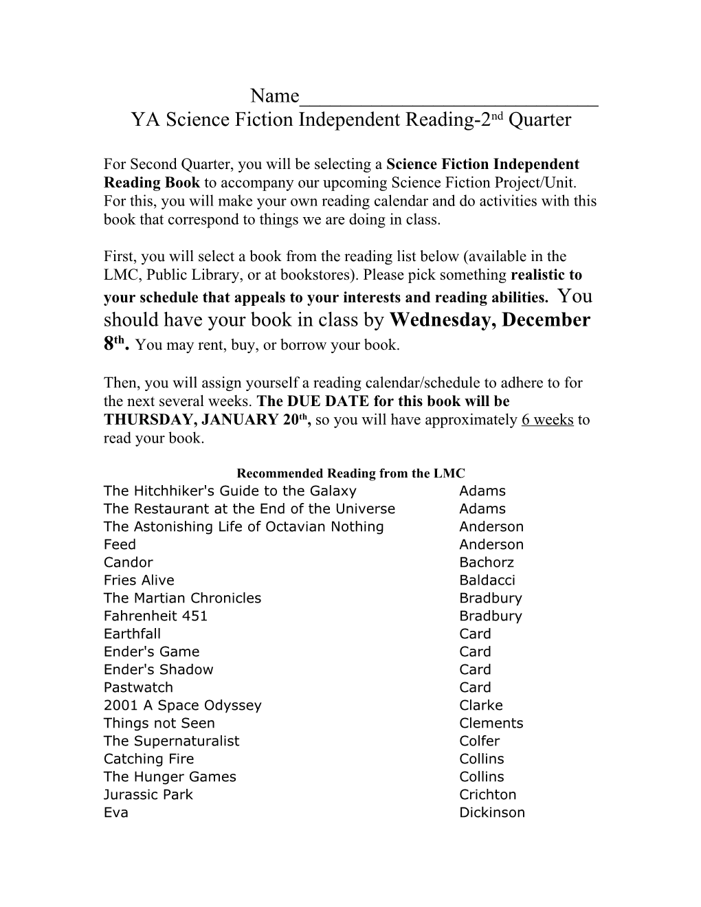 YA Science Fiction Independent Reading-2Nd Quarter