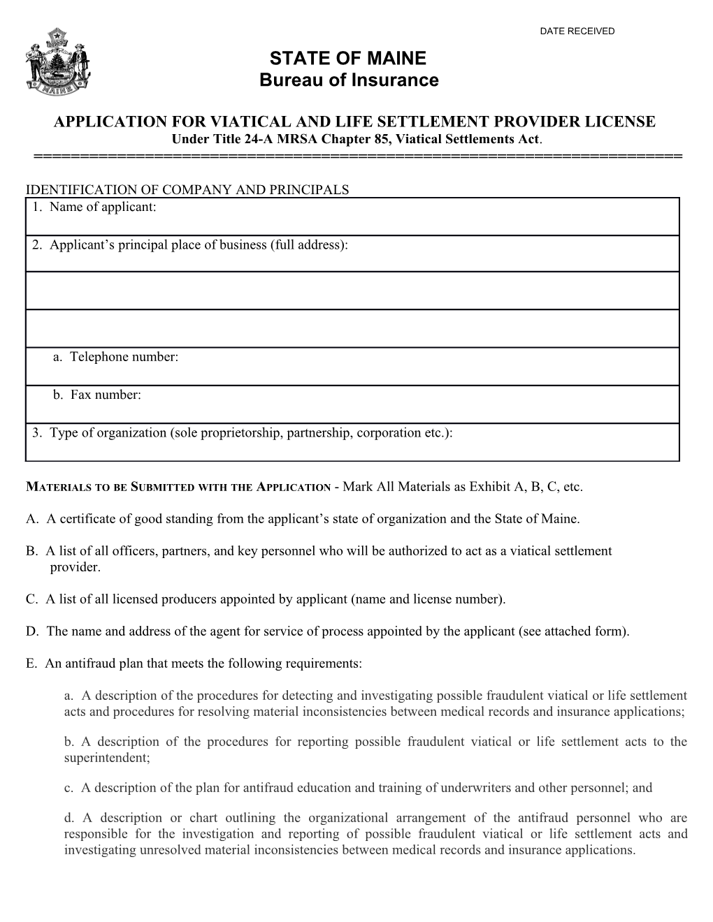 Application for Viatical and Life Settlement Provider License