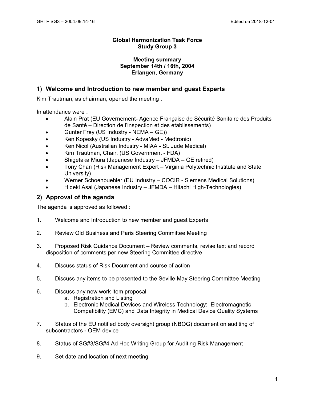 GHTF SG3 Meeting Minutes - September 2004