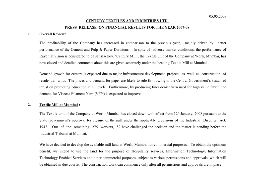 Press Release on Financial Results for the Year 2007-08