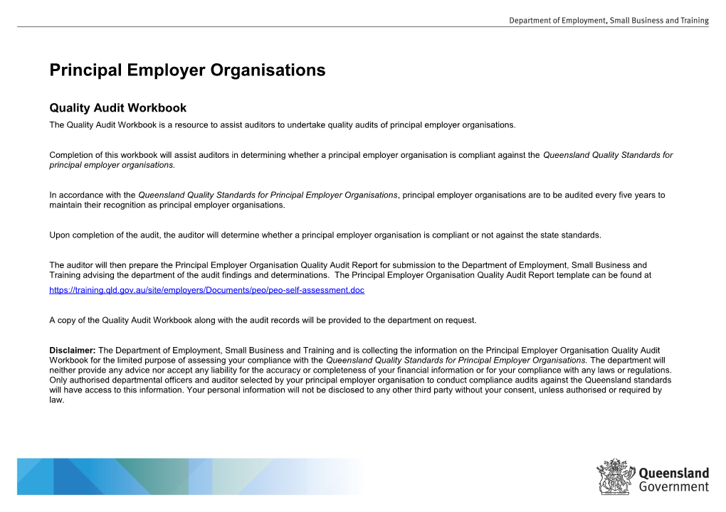 Principal Employer Organisation - Quality Audit Workbook