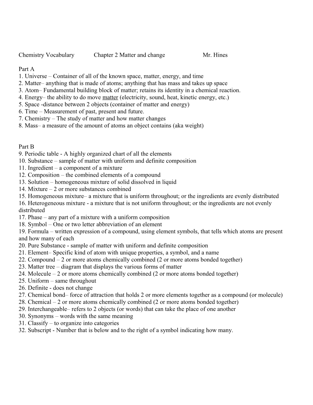 Chemistry Vocabulary Chapter 2 Matter and Change