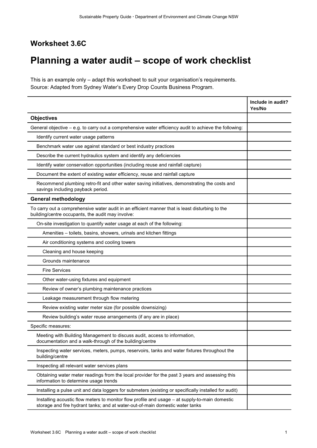 Planning a Water Audit Scope of Work Checklist