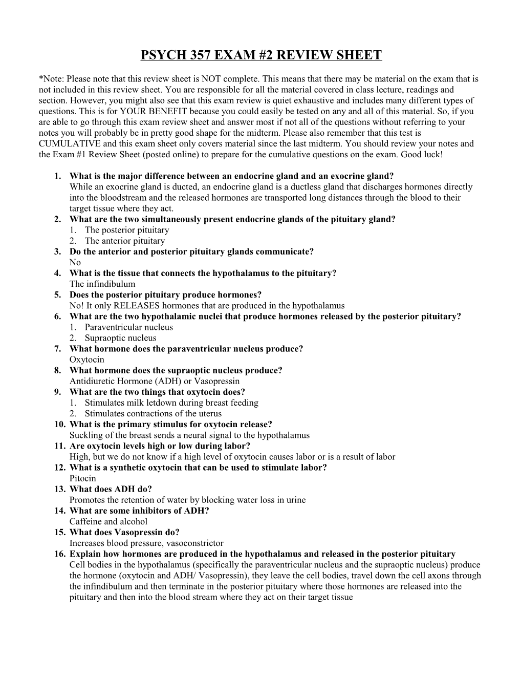 Psych 357 Exam #2 Review Sheet