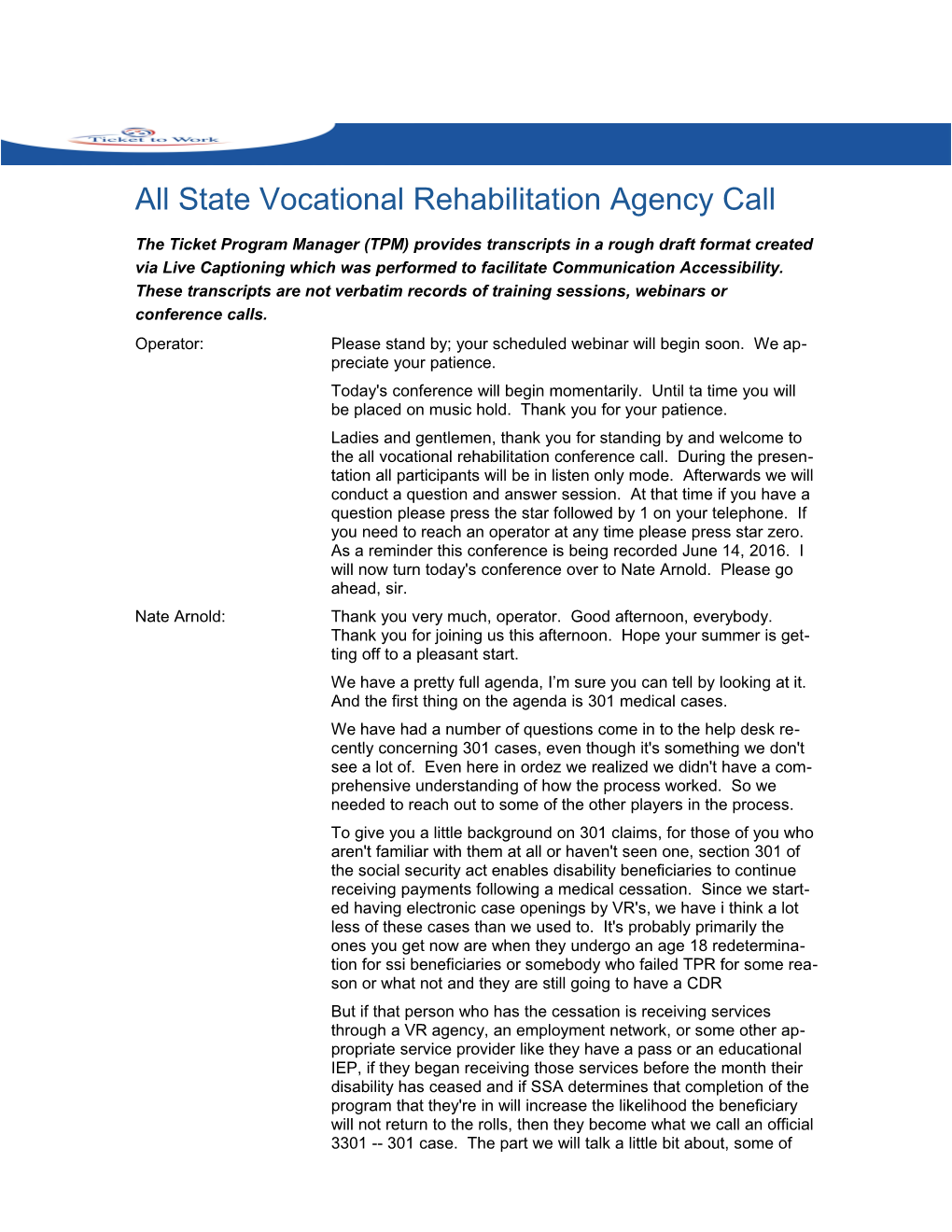 All State Vocational Rehabilitation Agency Call
