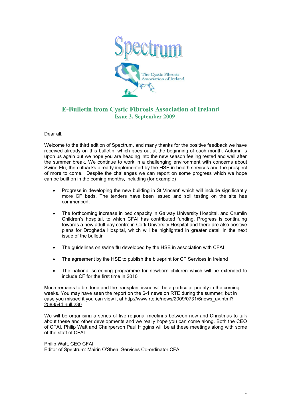 E-Bulletin from Cystic Fibrosis Association of Ireland