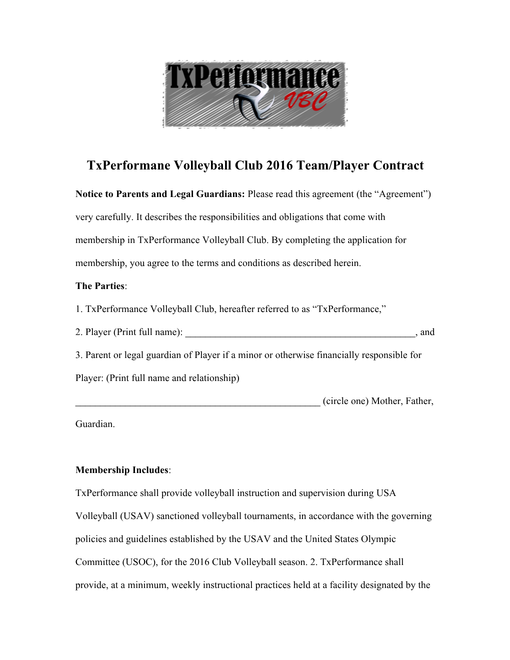 Txperformane Volleyball Club 2016 Team/Player Contract