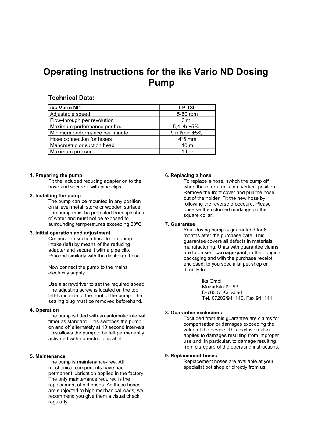 Operating Instructions for the Iks Vario ND Dosing Pump