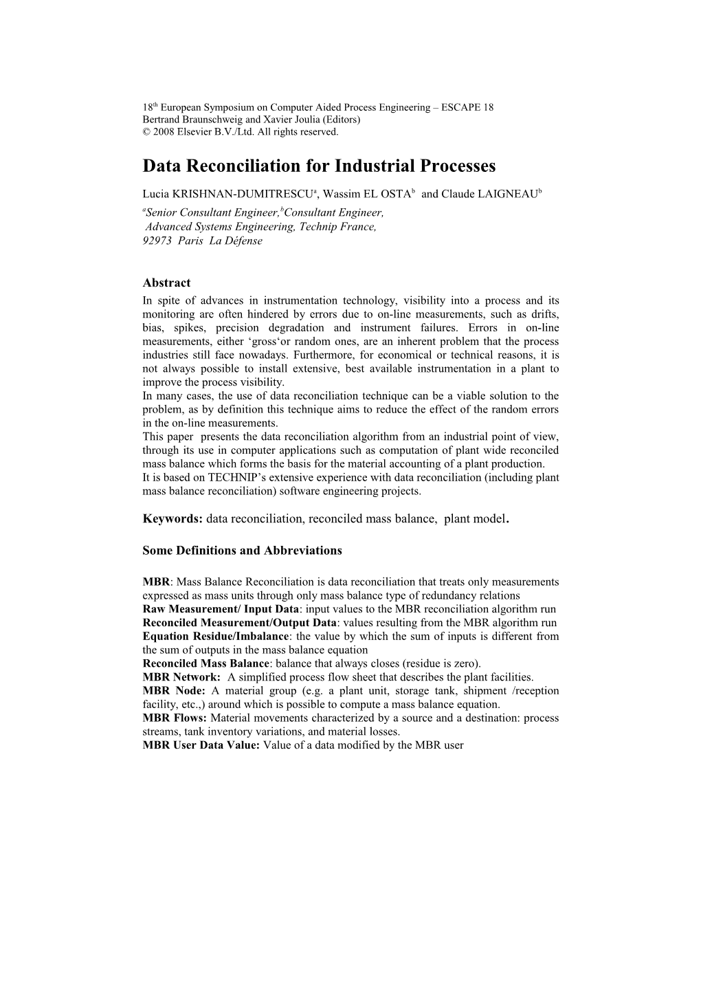 Data Reconciliation for Industrial Processes