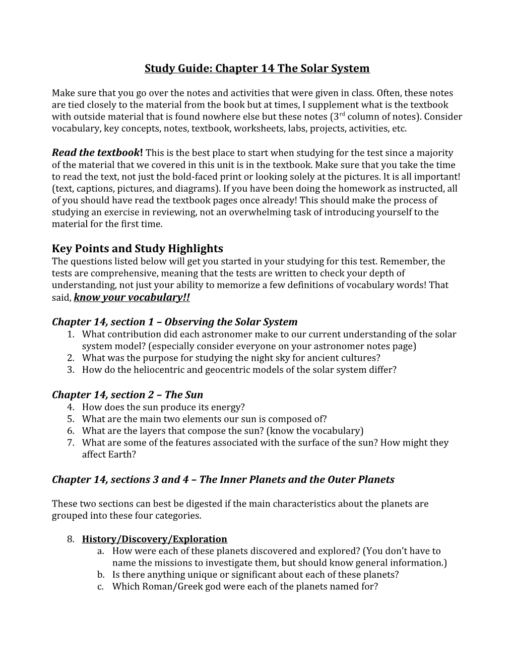 Study Guide: Chapter 14 the Solar System