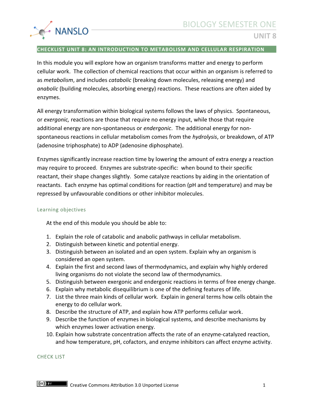 Checklist Unit 8:An Introduction to Metabolism and Cellular Respiration