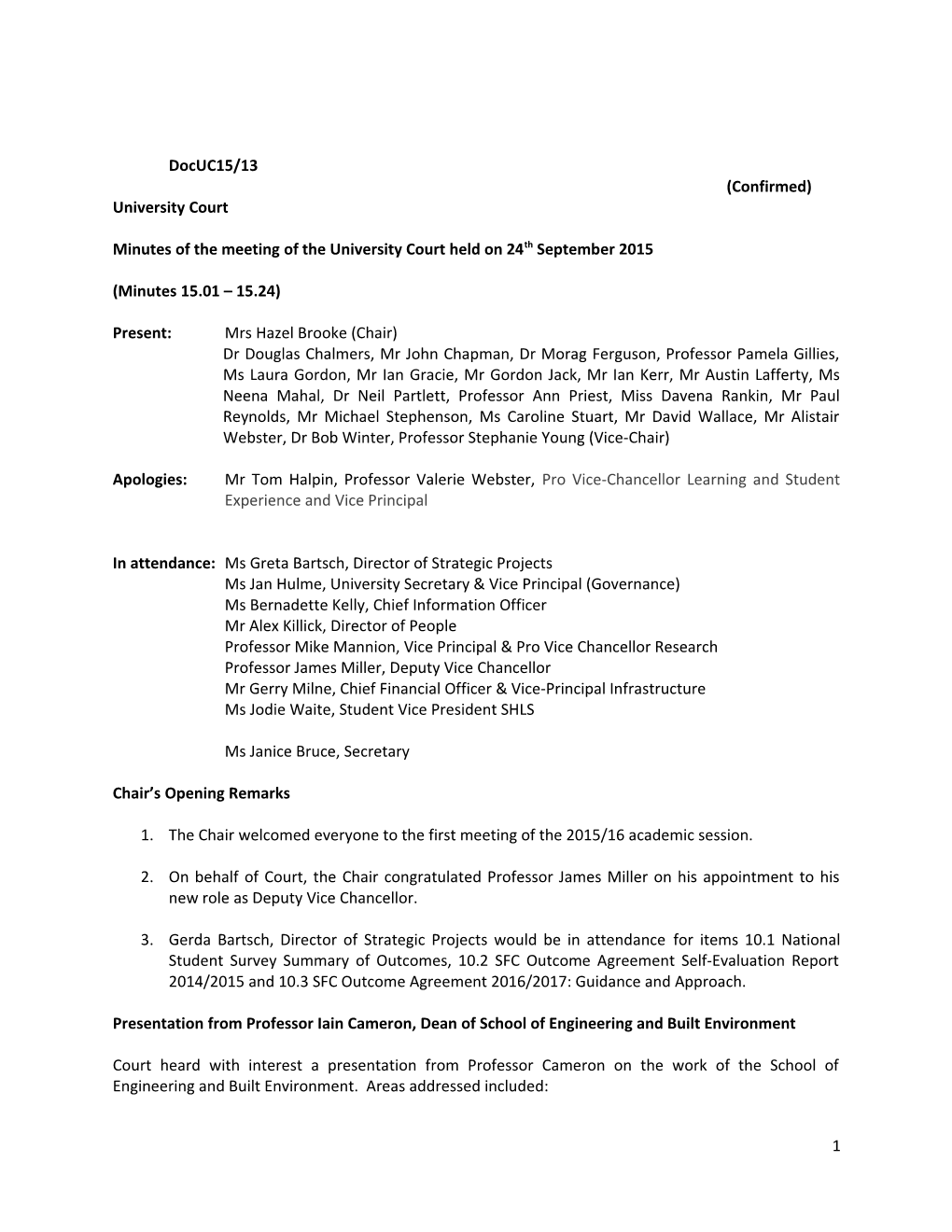 Minutes of the Meeting of the University Court Held on 24Th September 2015