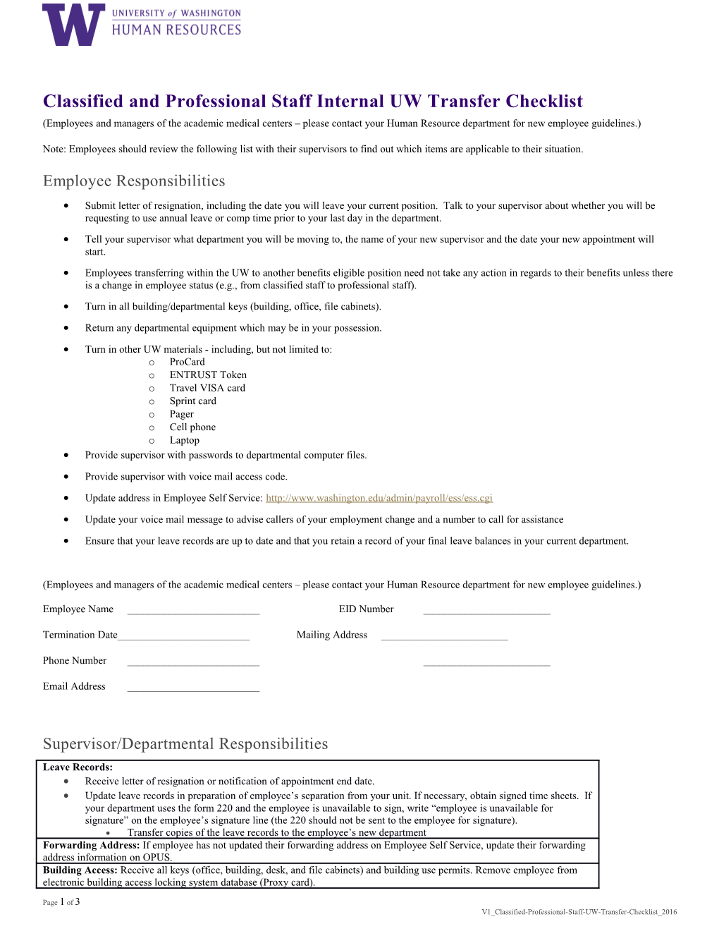 Classified and Professional Staff Internal UW Transfer Checklist