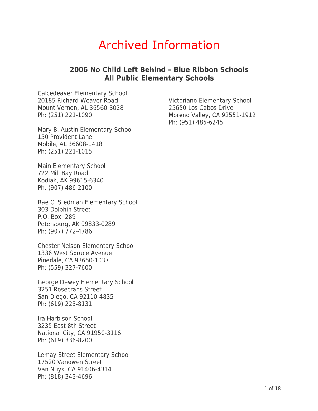 Archived: 2006 No Child Left Behind Blue Ribbon Schools: All Public Elementary Schools (MS Word)