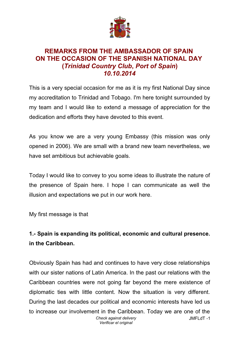 Draft Article for Newsday on the Occasion of the Spanish National Day (12