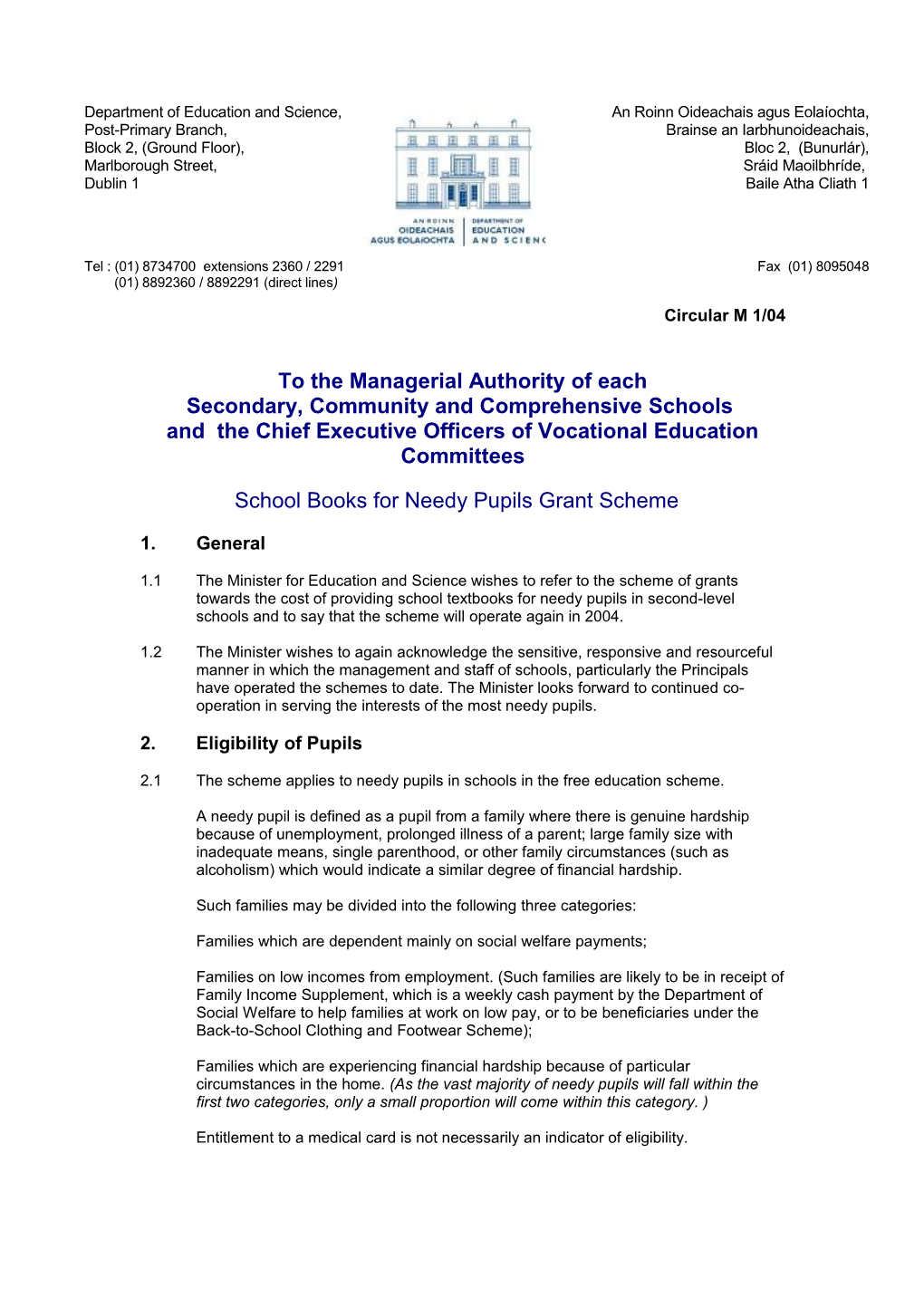 Post Primary Circular M01/04 - School Books for Needy Pupils Grant Scheme (File Format