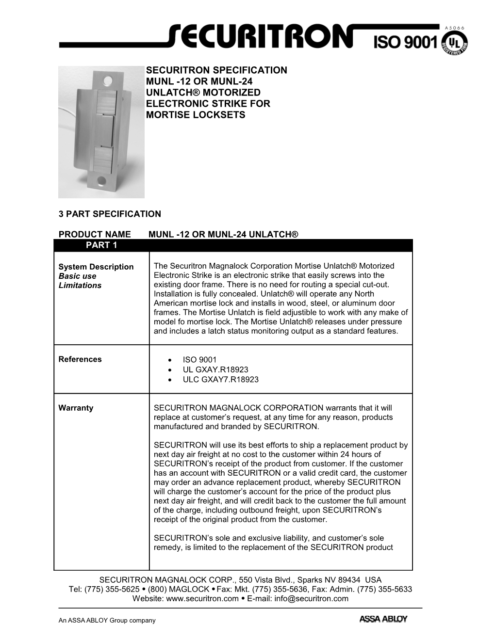 MUNL Mortise Unlatch Specification