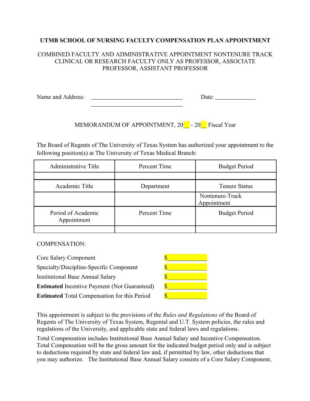 Utmb School of Nursingfaculty Compensation Plan Appointment