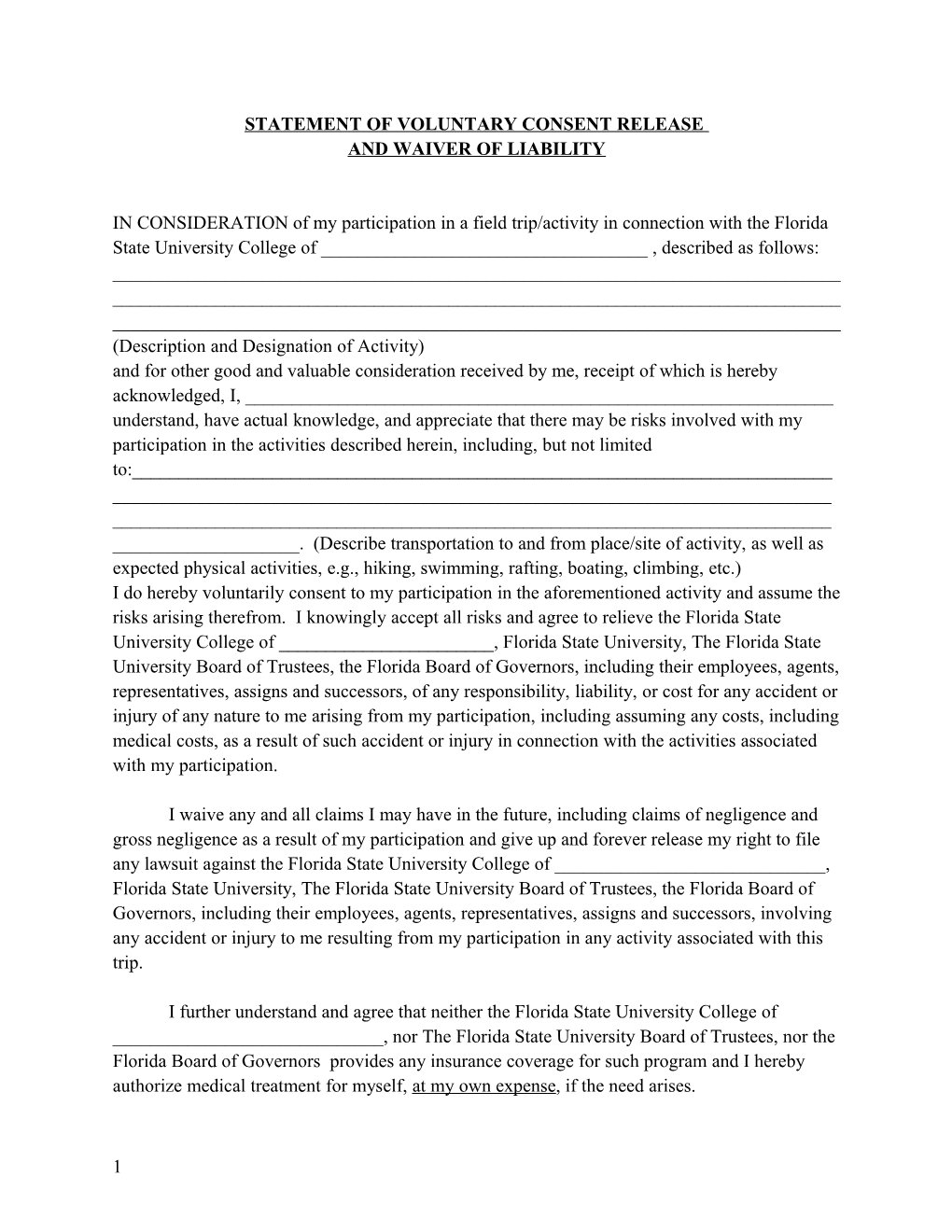 Statement of Voluntary Consent Release