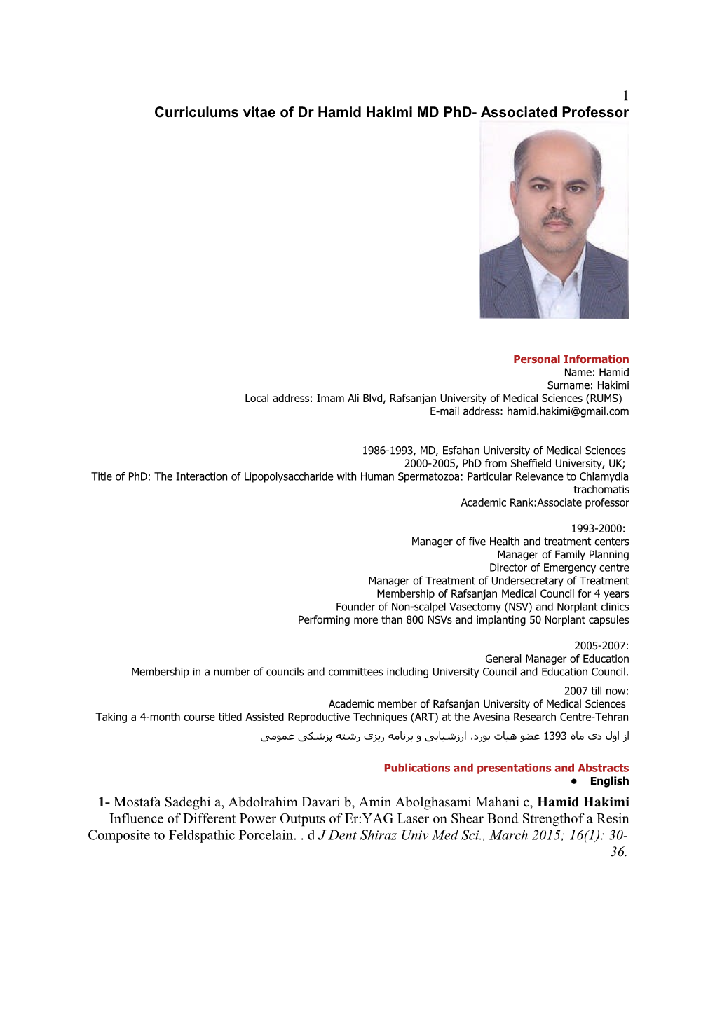 Curriculums Vitae of Dr Hamid Hakimi MD Phd-Associated Professor