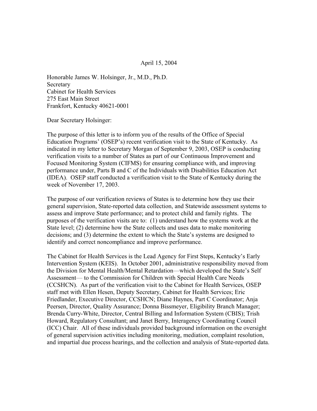 Kentucky Part C Verification Visit Letter, Dated April 15, 2004 (MS Word)