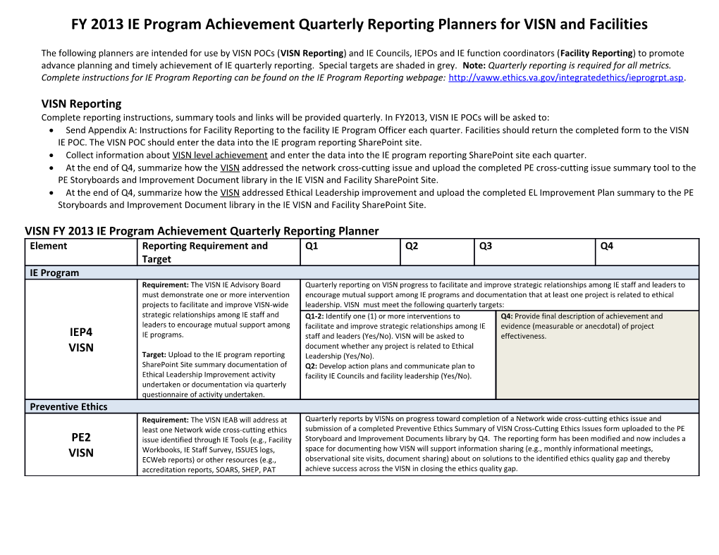 FY 13 IE Program Achievement Quarterly Reporting Planners for VISN and Facilities - US