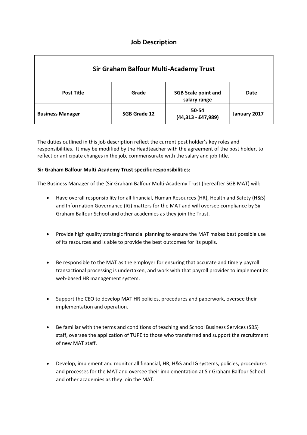 Sir Graham Balfour Multi-Academy Trust Specific Responsibilities