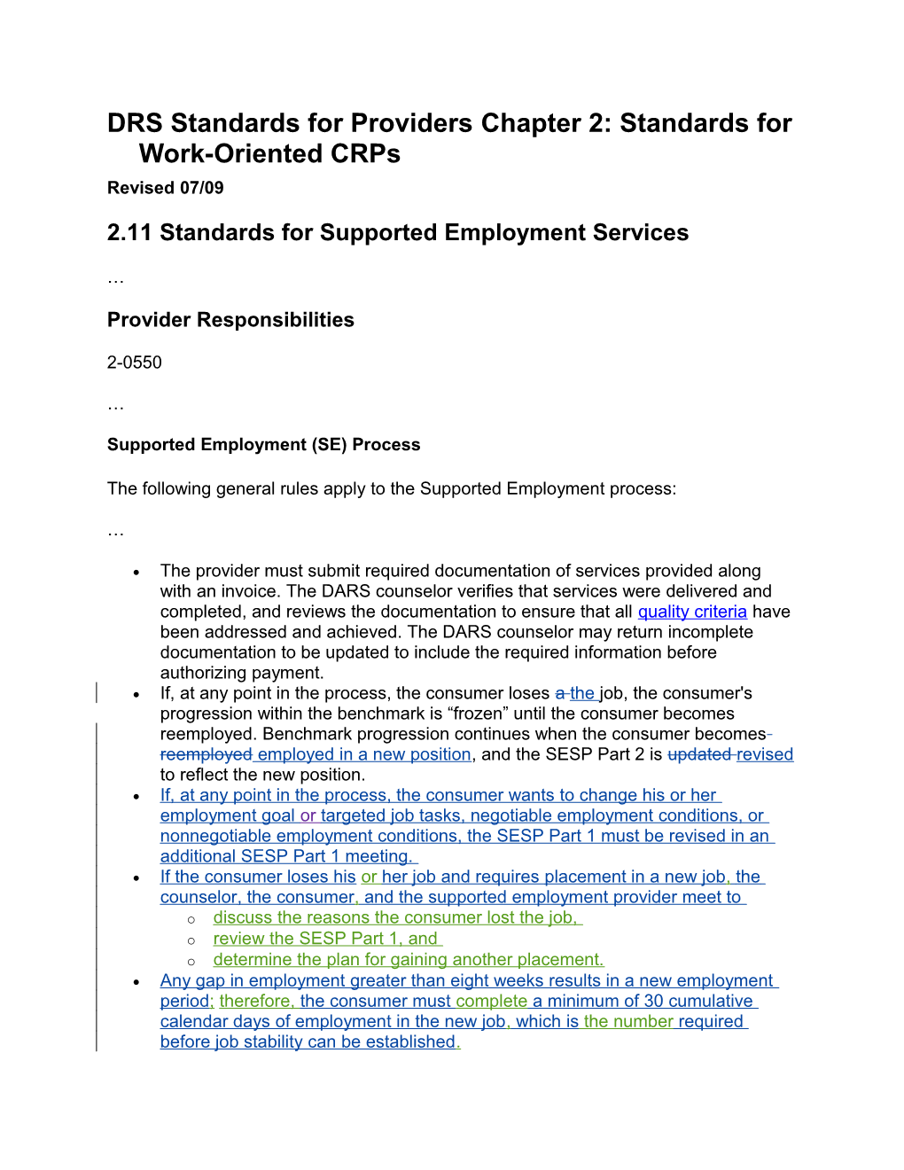 DRS Standards for Providers Chapter 2 Revisions - July 2009