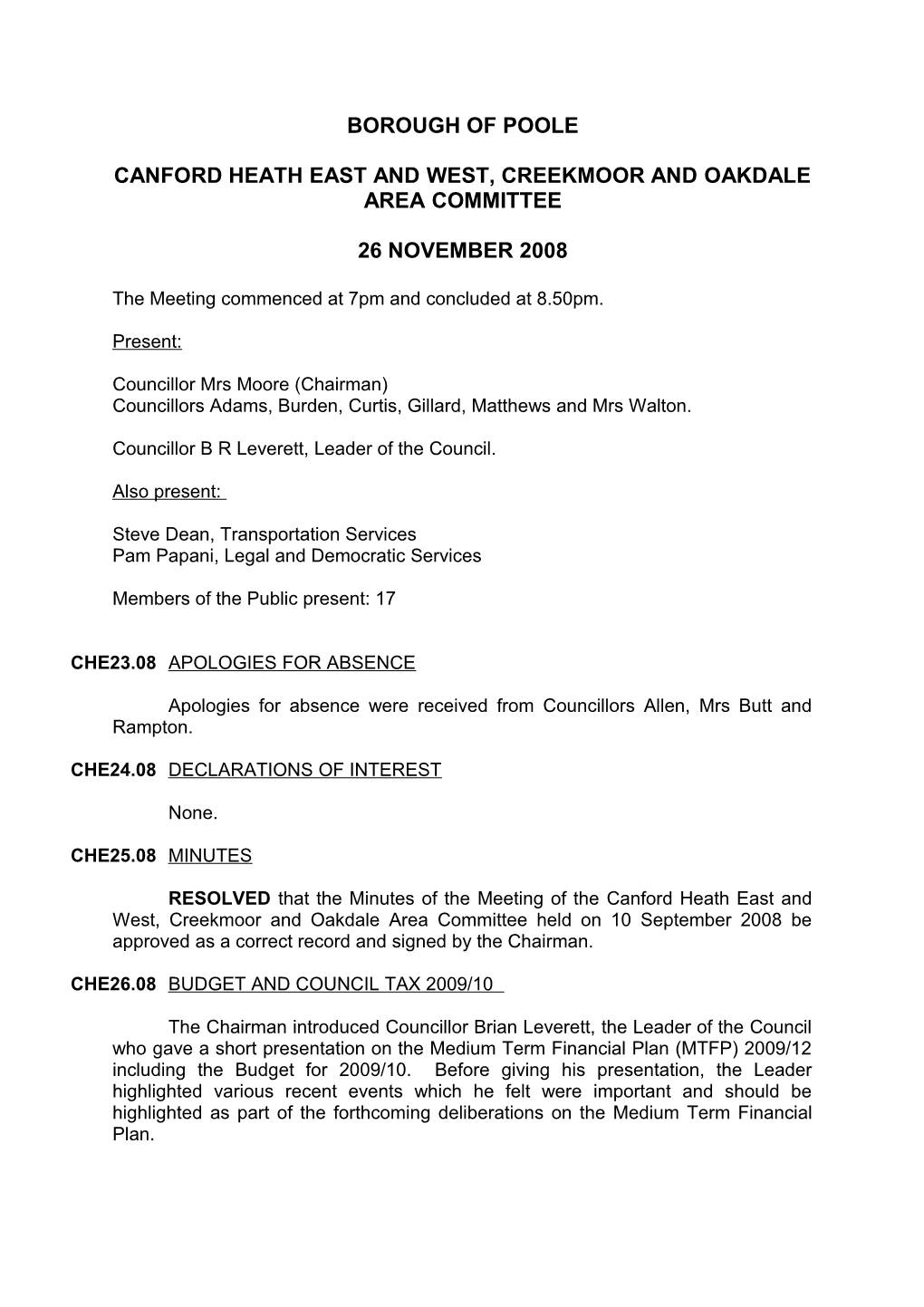 Minutes - Canford Heath East and West, Oakdale and Creekmoor Area Committee - 26 November 2008