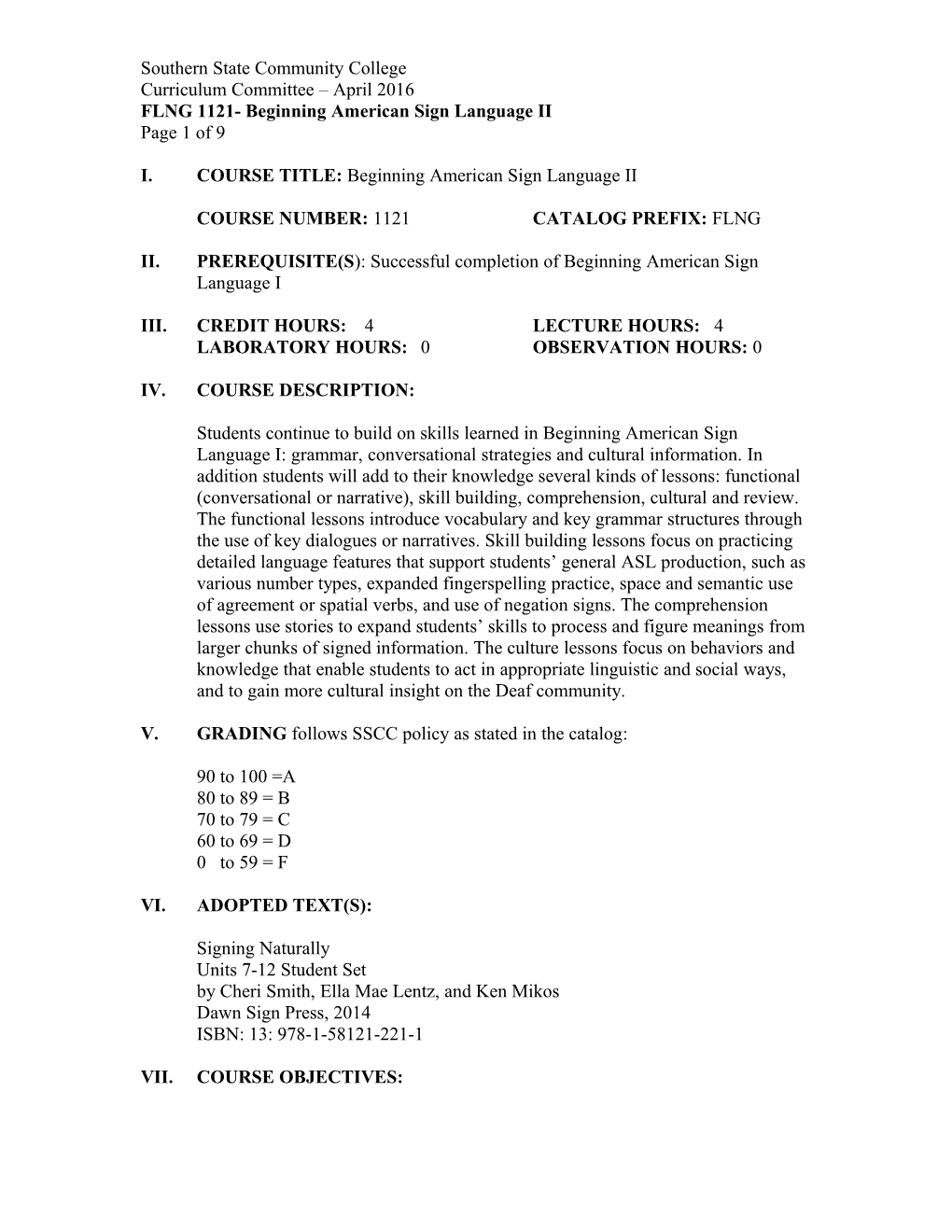 FLNG 1121- Beginning American Sign Language II