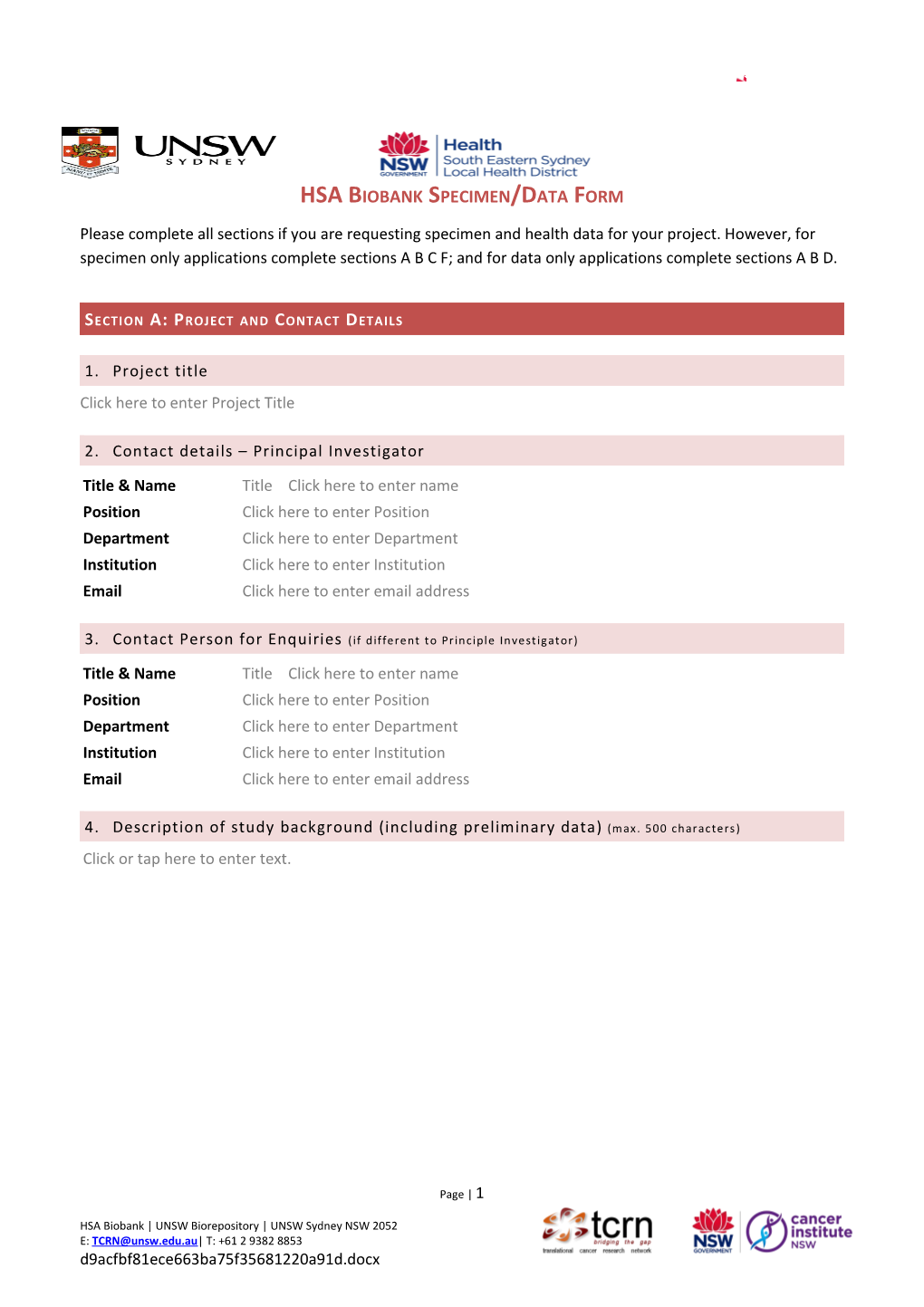 HSA Biobank Specimen/Data Form