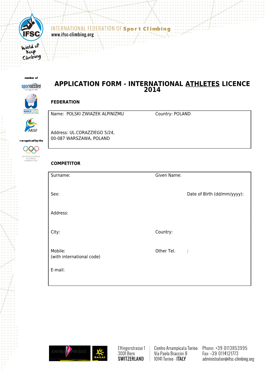 Application Form - International Athletes Licence