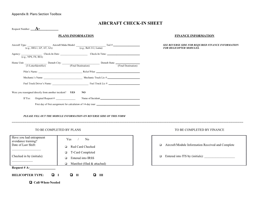 Aircraft Check-In Sheet