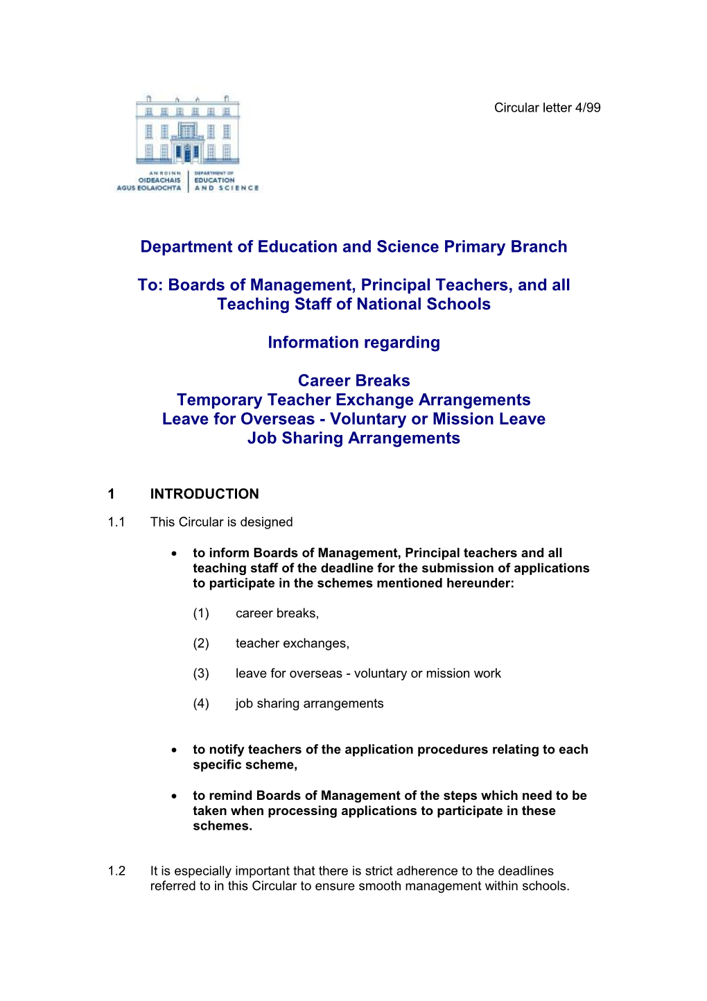Primary Circular 04/99 Information Regarding Career Breaks, Temporary Teacher Exchange