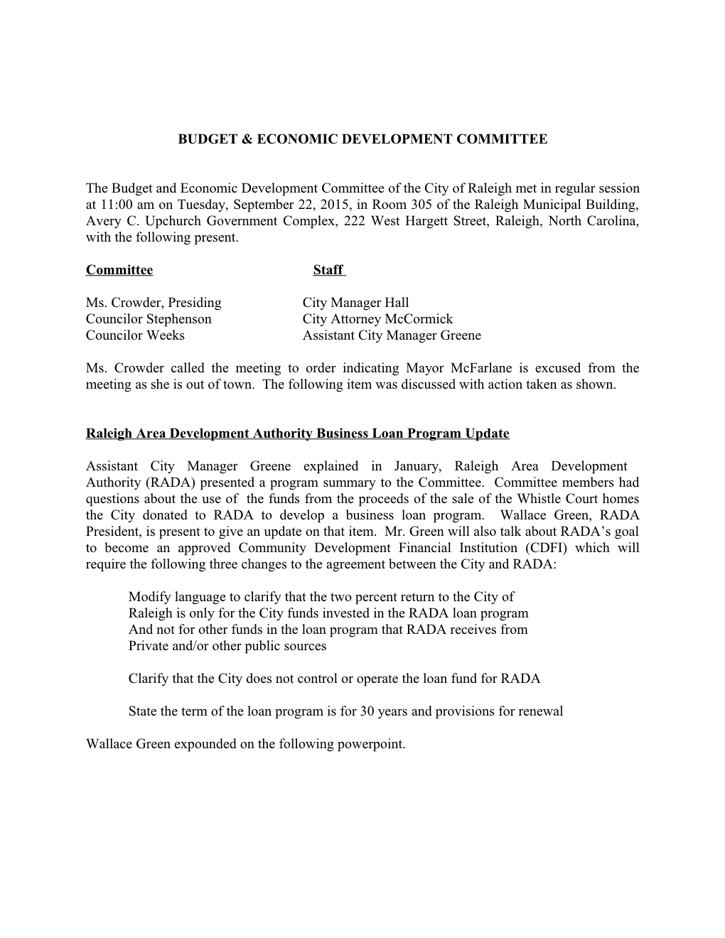 Budget & Economic Development Committee Minutes - 09/22/2015