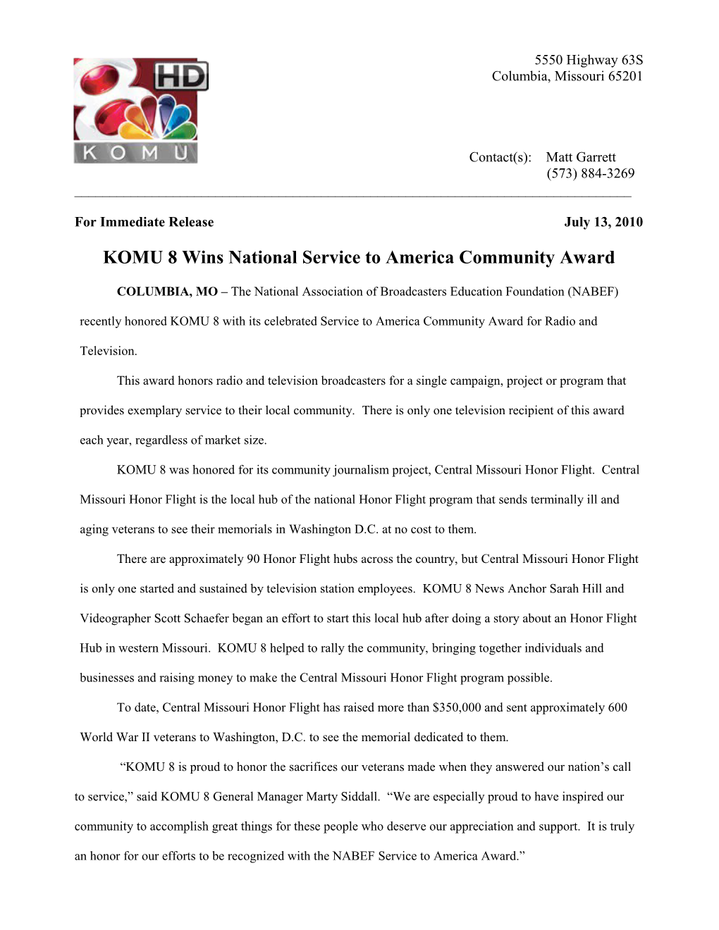 KOMU 8 Wins National Service to America Community Award