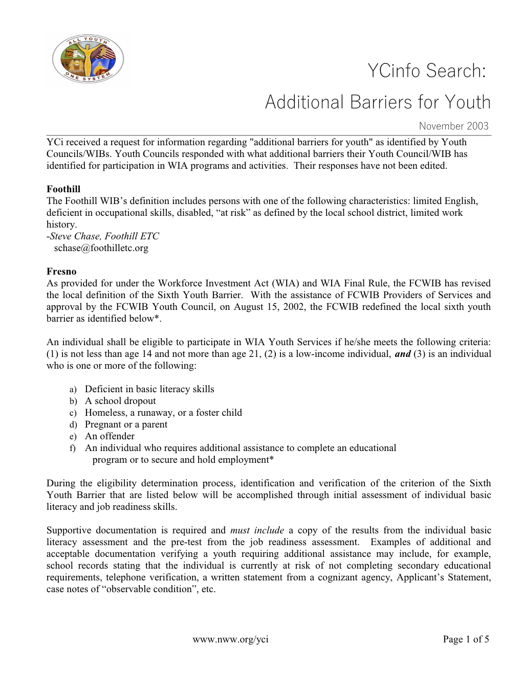 Yci Received a Request for Information Regarding Additional Barriers for Youth As Identified