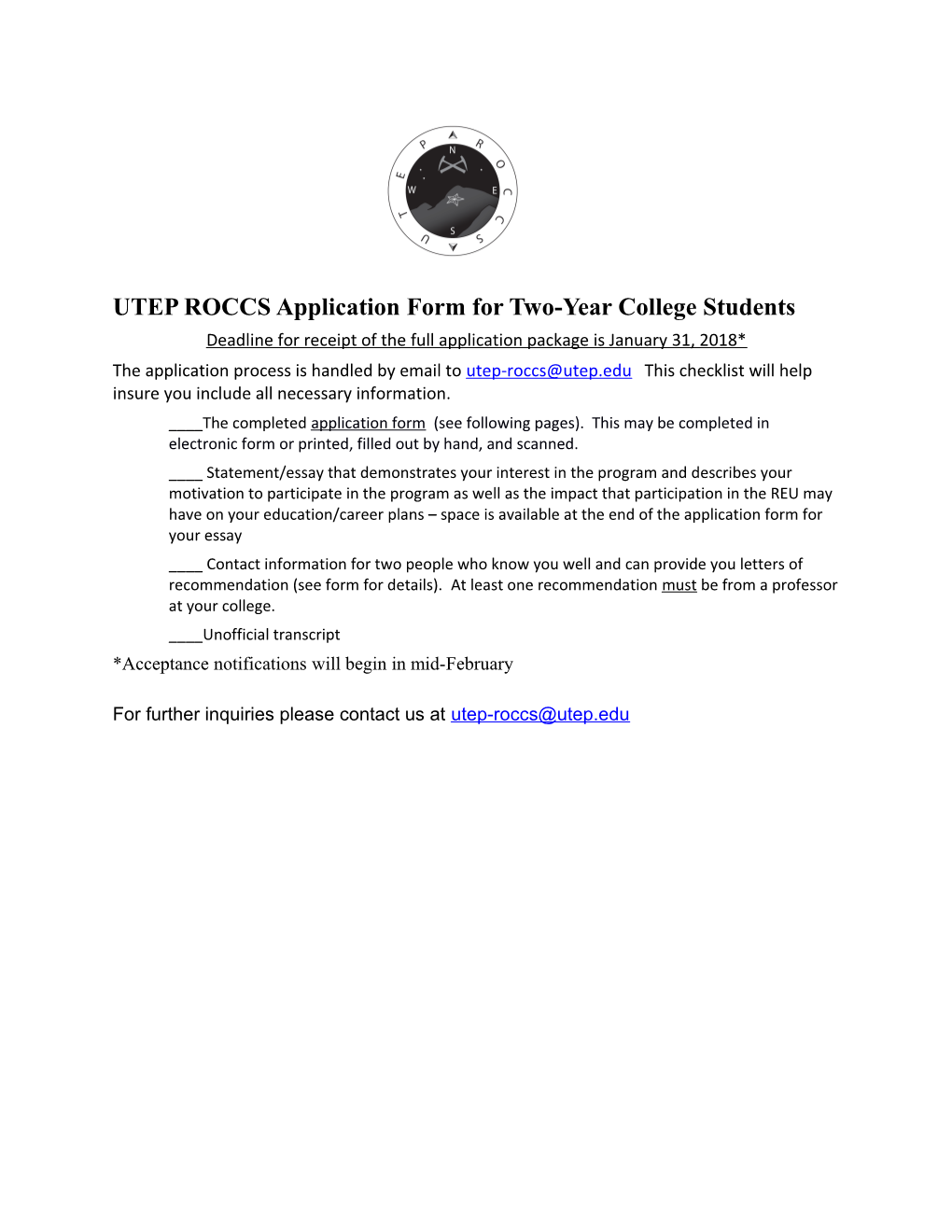 UTEP ROCCS Application Form Fortwo-Year College Students