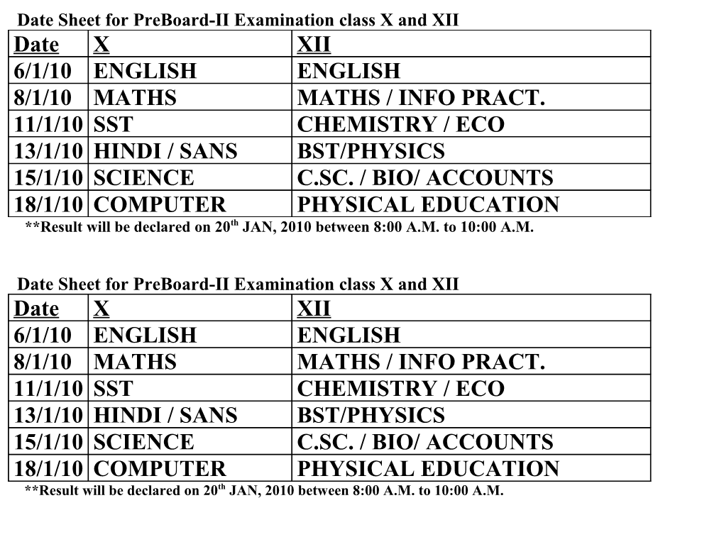 Date Sheet for Half Yearly Practical