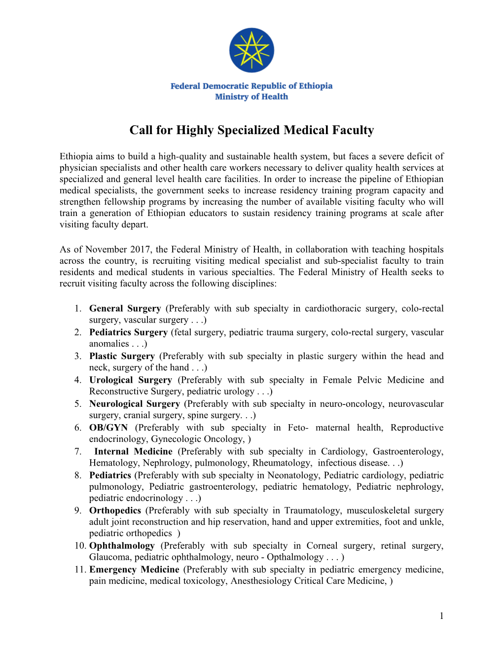 Call for Highly Specialized Medical Faculty