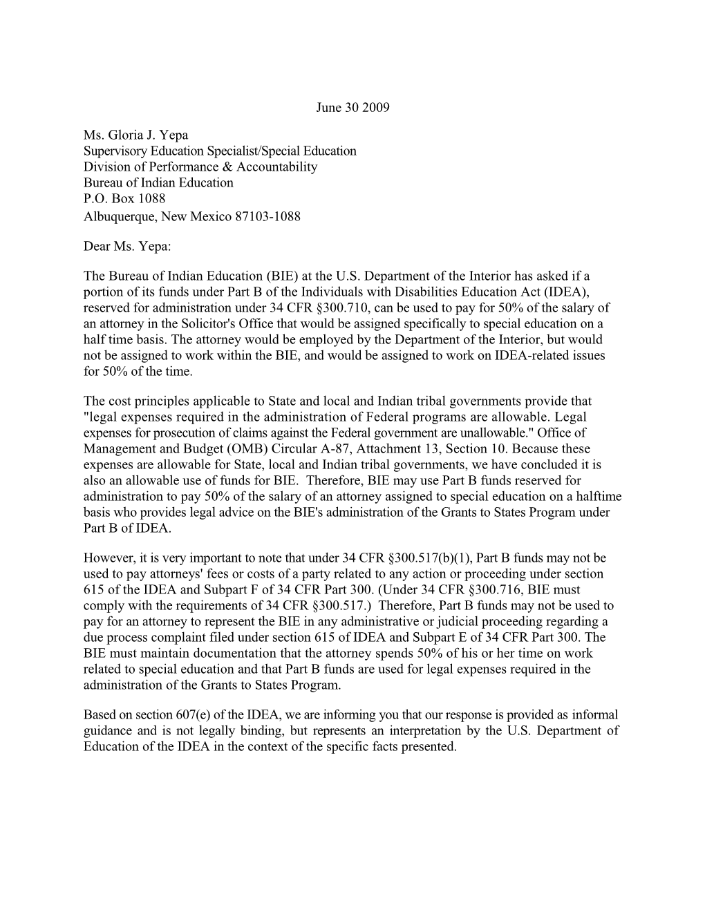 Yepa Letter Dated 06/30/09 Re: Use of Amounts by Secretary of the Interior (MS Word)