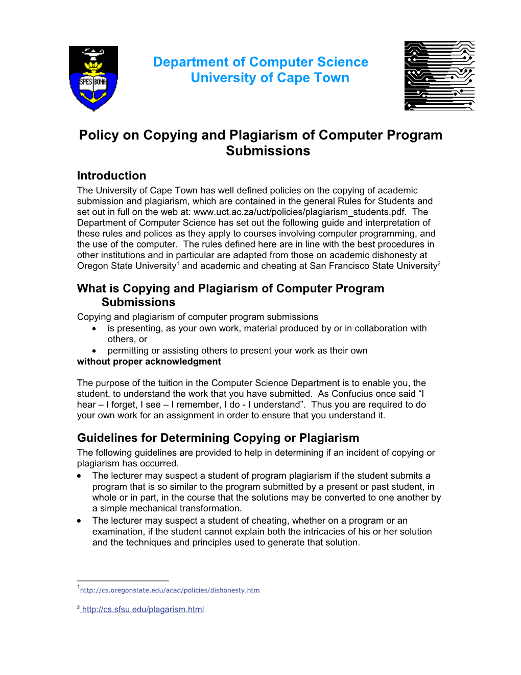 Department Policy on Academic Cheating and Plagiarism
