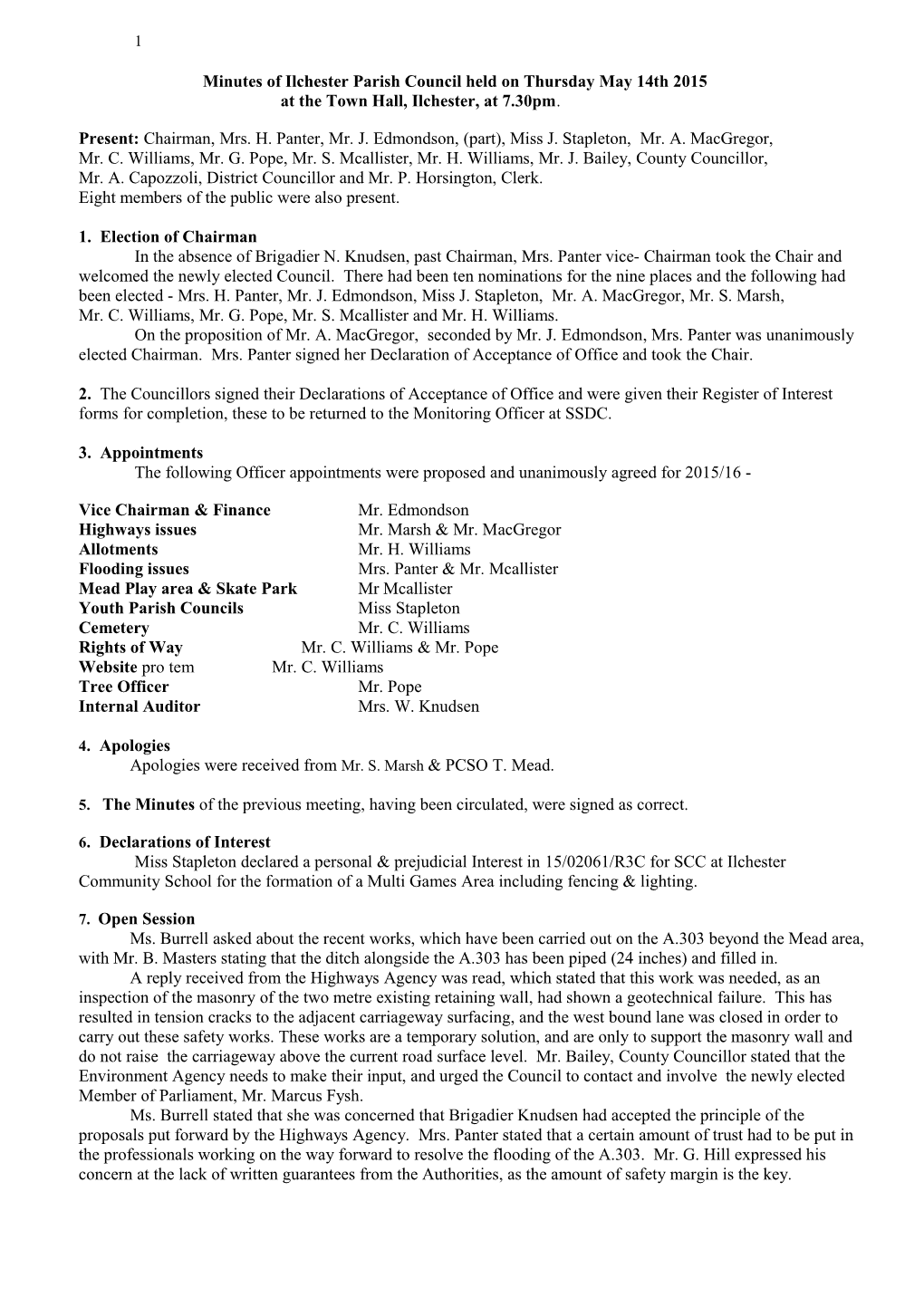 Minutes of Ilchester Parish Council Held on Thursdaymay 14Th 2015