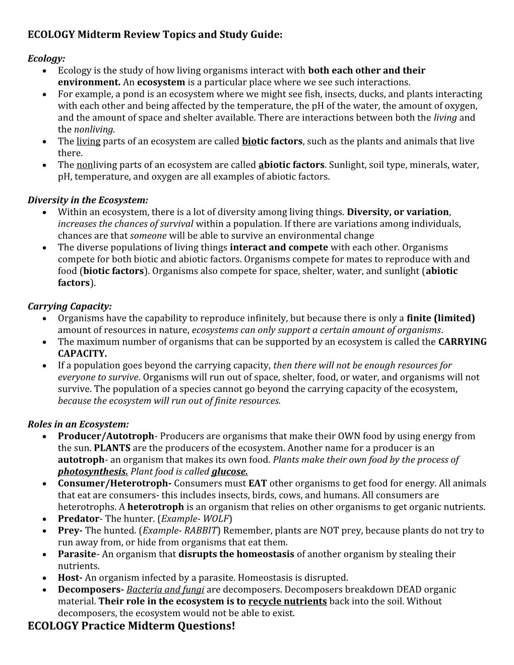 ECOLOGY Midterm Review Topics and Study Guide