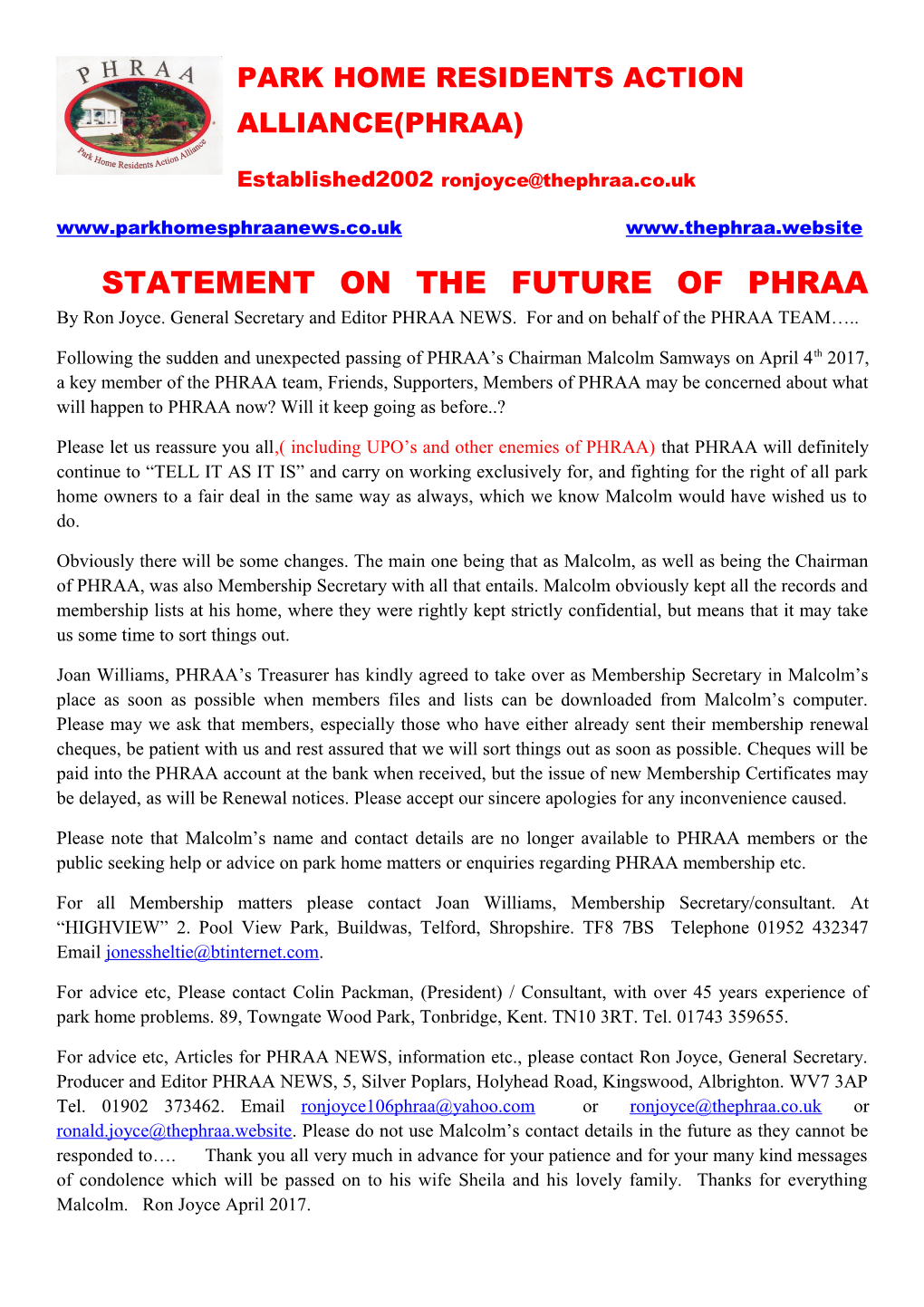Park Home Residents Action Alliance(Phraa)
