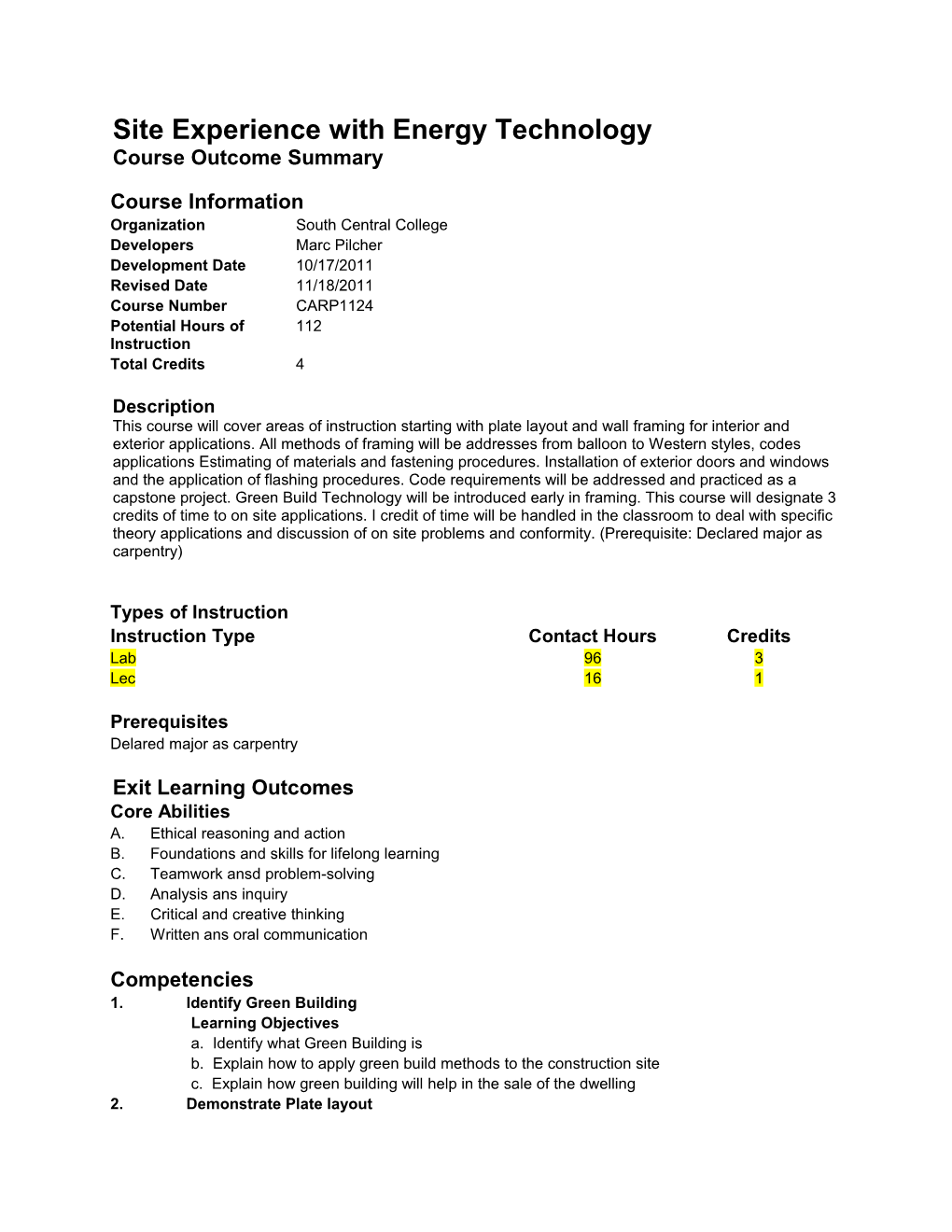 Site Experience with Energy Technology Course Outcome Summary