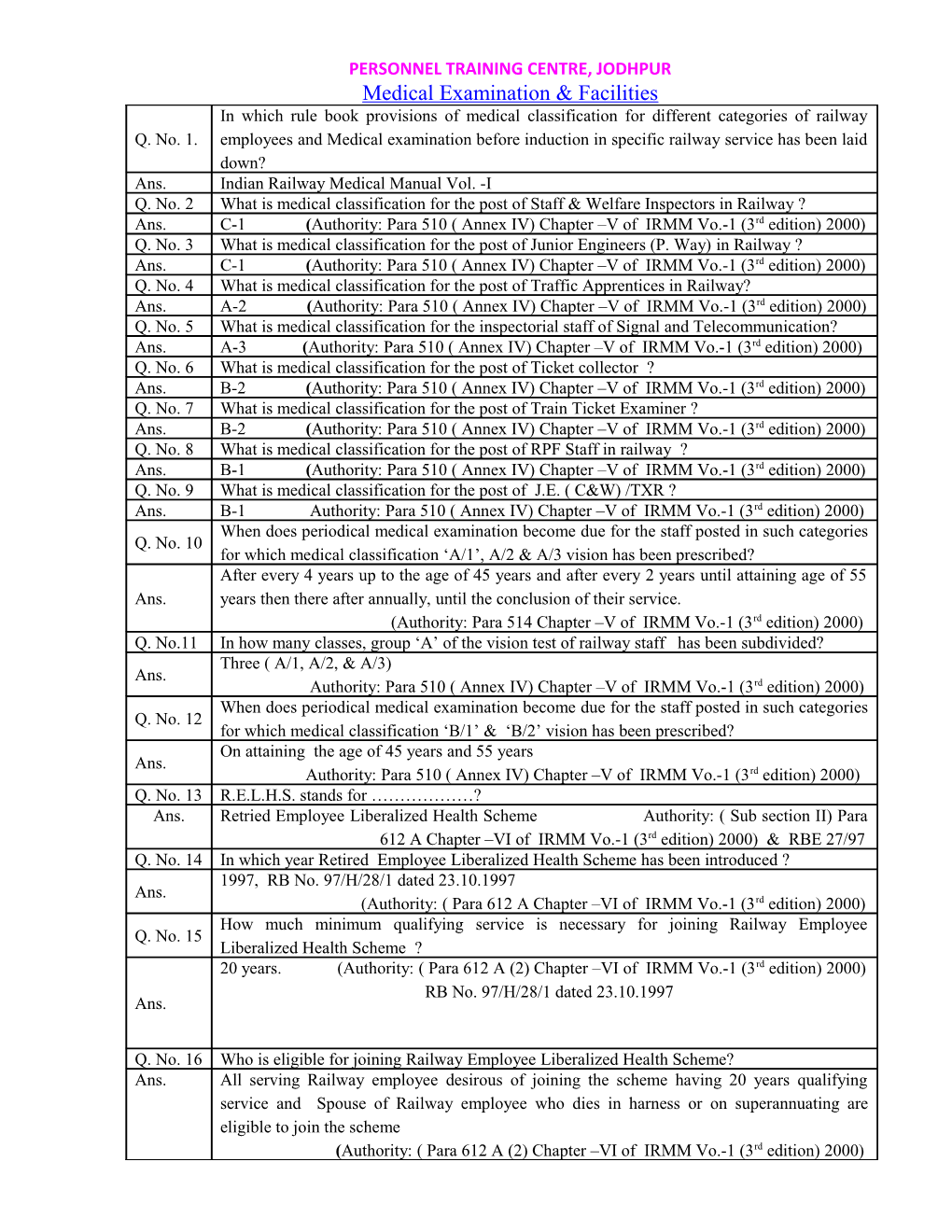 Medical Examination & Facilities